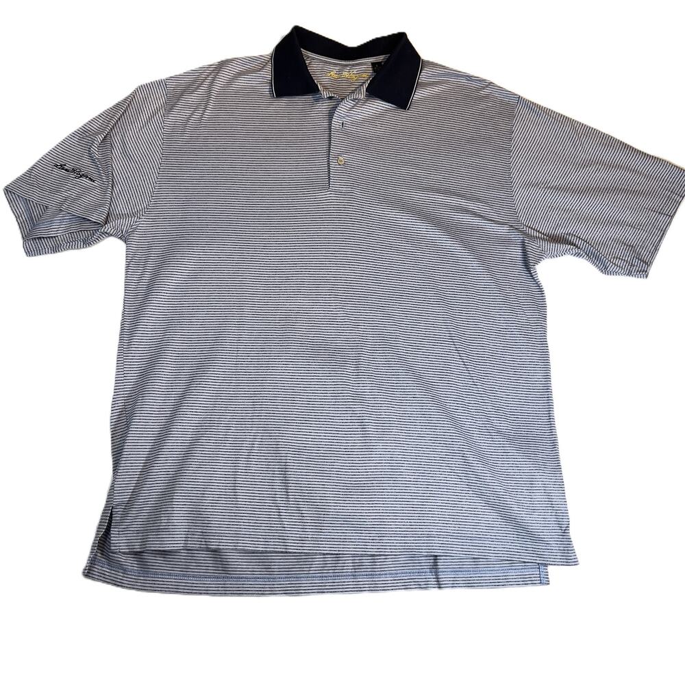 Ben Hogan Double Mercerized Cotton Polo Shirt Men's L Blue Striped Dressy Casual